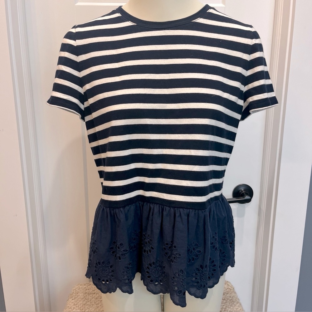 Kate Spade Short Sleeve Peplum Top Eyelet Hem Cotton Stripes Women's Size M Navy